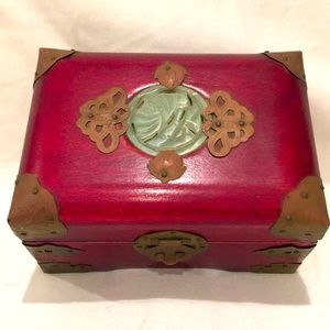 Antique Carved Jade, Rosewood & Brass Jewelry Box